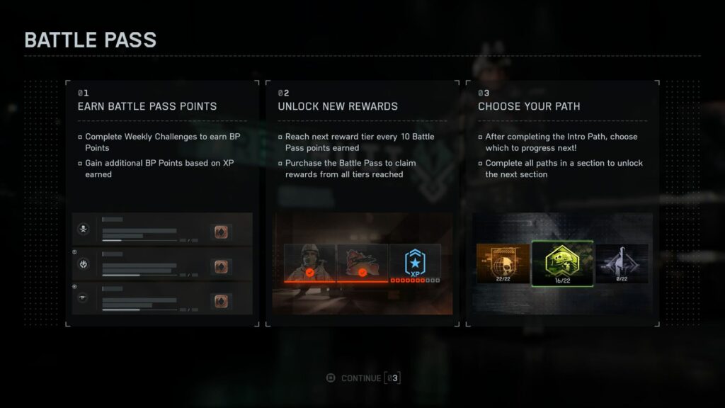The image shows Battlefield REDSEC battle pass menu with three sections. The first section explains how to earn battle pass points, the second details unlocking rewards, and the third outlines choosing a progression path