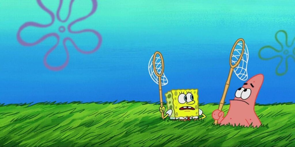 SpongeBob and Patrick holding nets while jellyfishing in a grassy field