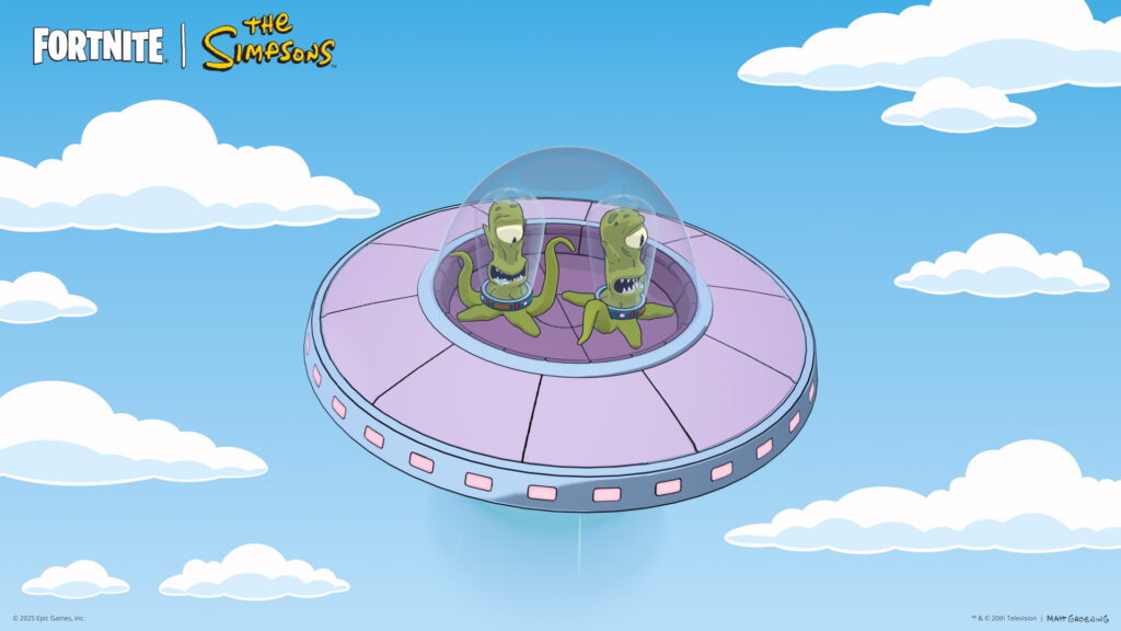 Kang and Kodos flying their UFO glider from the Fortnite x The Simpsons collaboration