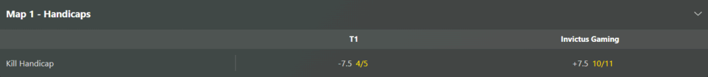 Kill handicap betting line showing T1 at -7.5 and Invictus Gaming at +7.5 for Map 1
