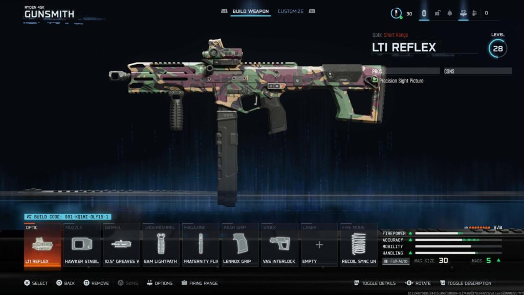 A customized Ryden 45K loadout displayed in the gunsmith menu of Call of Duty: Black Ops 7