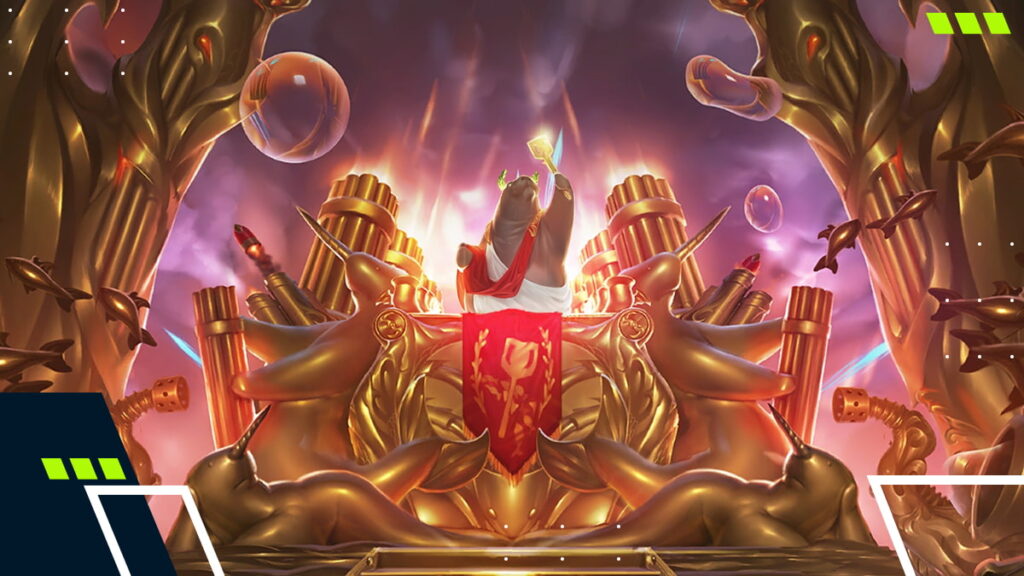 A majestic golden throne scene featuring the iconic manatee mascot in League of Legends URF mode