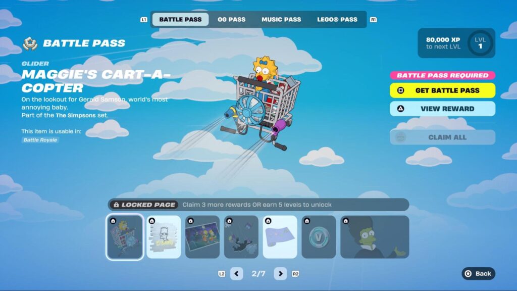 Maggie Simpson flying in her shopping cart glider from the Fortnite x The Simpsons Battle Pass