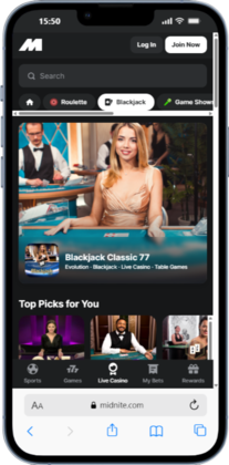 Mobile screenshot of Midnite's fast withdrawal casino live lobby
