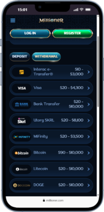 Mobile screenshot of the withdrawal page of the Millioner, fast payout casino site in Canada.