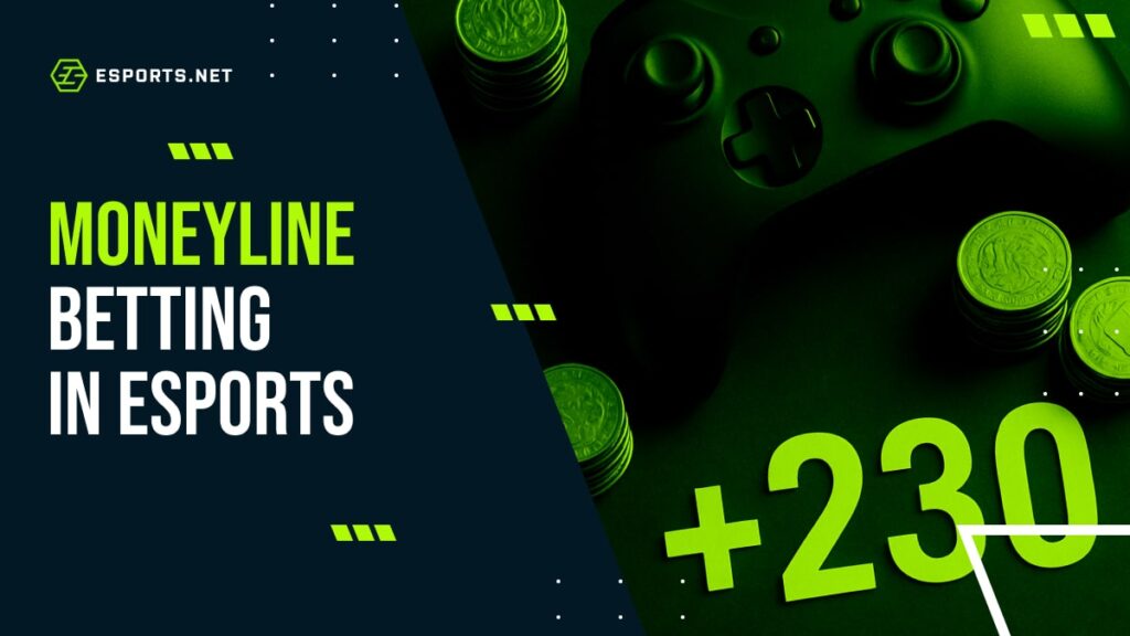 A green-lit controller and coins illustrate moneyline betting in esports.