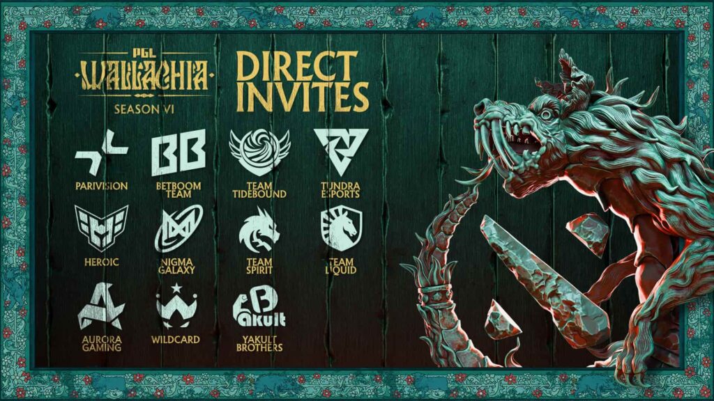 Decorative poster for PGL Walachia Season VI Direct Invites. Features team logos, stylized text, and a fierce, mythical creature design