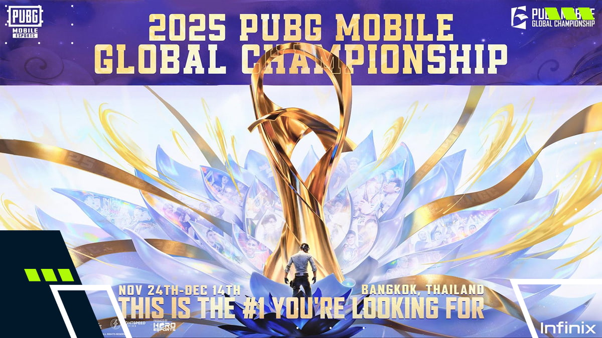 Official promotional poster featuring the PUBG Mobile Global Championship 2025 trophy in PUBG Mobile style