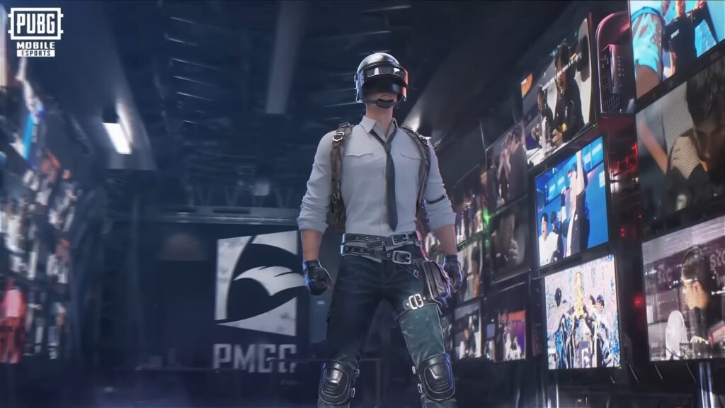 A PUBG Mobile character stands in front of tournament highlights, representing the intensity of PUBG Mobile competition at PMGC