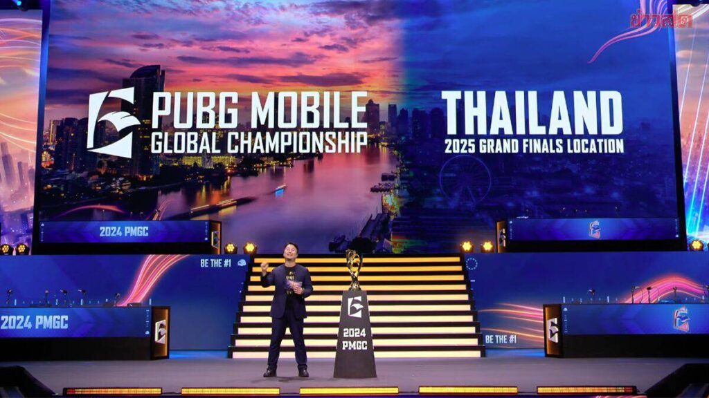 Stage presentation announcing Thailand as the 2025 PUBG Mobile Global Championship Grand Finals location in PUBG Mobile event style
