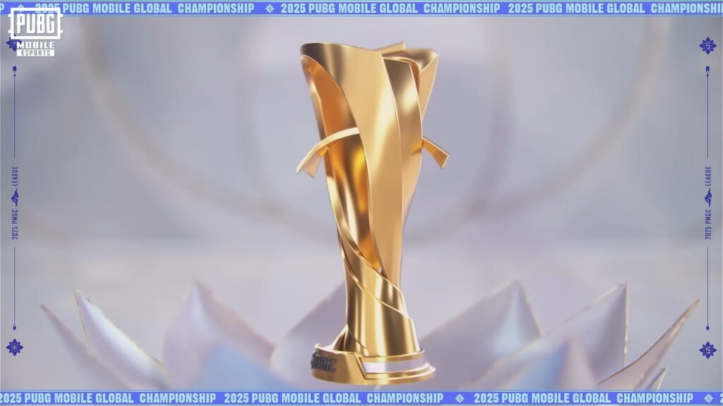 The golden championship trophy showcased for the PUBG Mobile Global Championship 2025