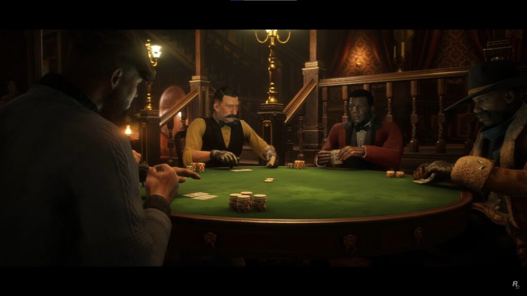 Four characters playing Poker at a saloon table in Red Dead Redemption 2