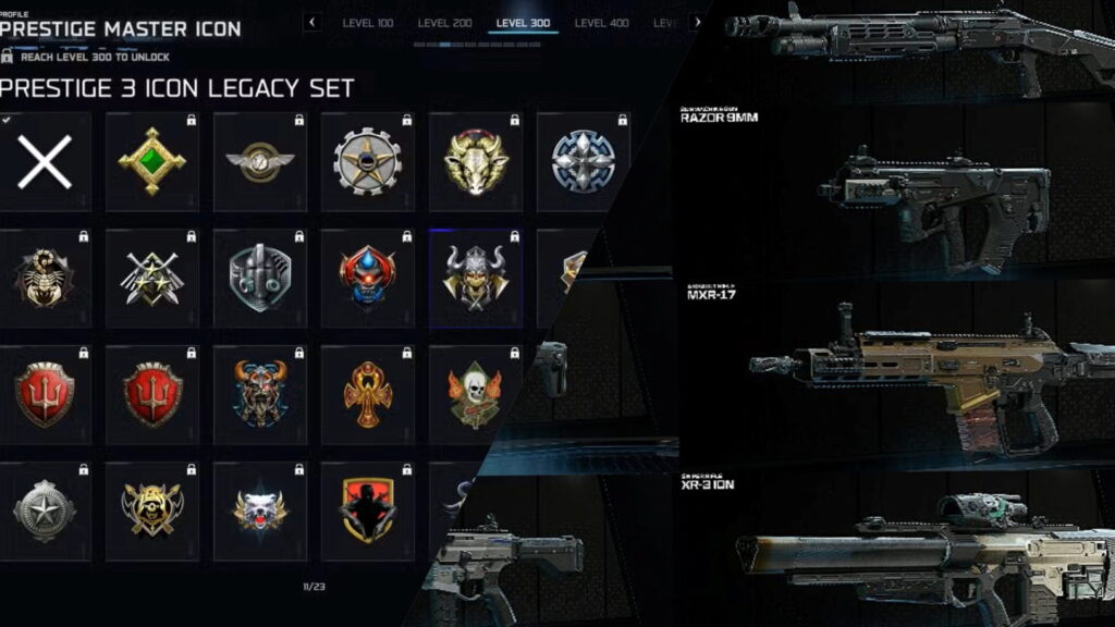Prestige icon legacy set and weapon lineup shown in Call of Duty: Black Ops 7 interface