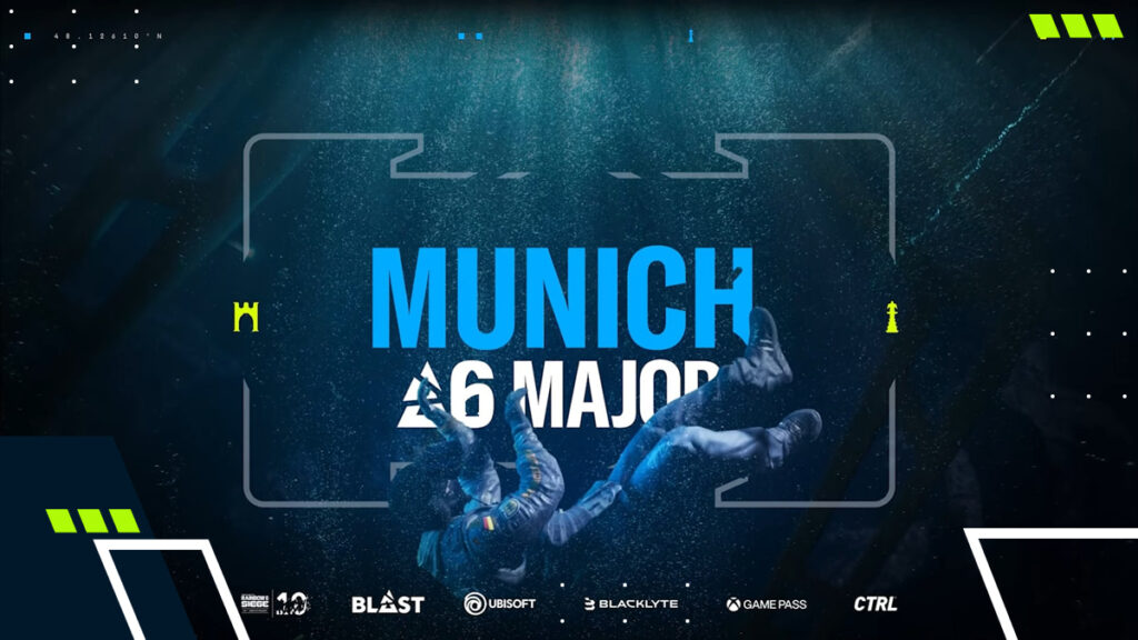 Promotional image for Rainbow Six Siege BLAST R6 Munich Major 2025 featuring diver and event logos