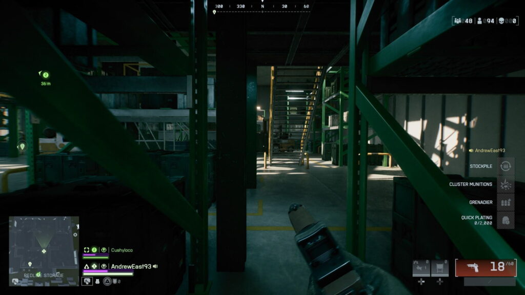 Player navigating storage facility during combat at Redline Storage in Battlefield REDSEC Fort Lyndon