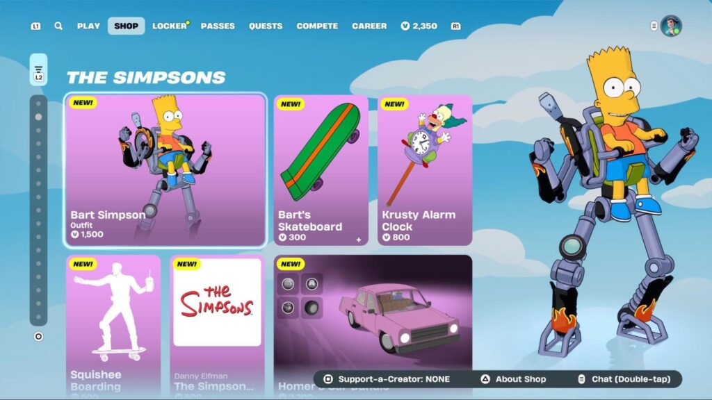 Fortnite shop showcasing Bart Simpson outfit, Krusty Alarm Clock pickaxe, and related Simpsons cosmetics