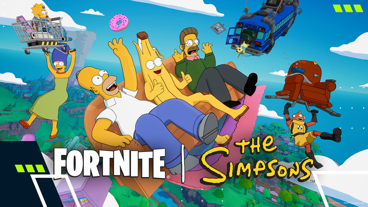 The Simpsons characters riding through the Fortnite world during the Fortnite x The Simpsons event