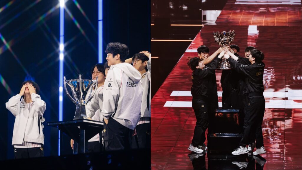 T1 League of Legends players celebrate their Worlds 2025 championship win on stage, lifting the Summoner’s Cup in triumph