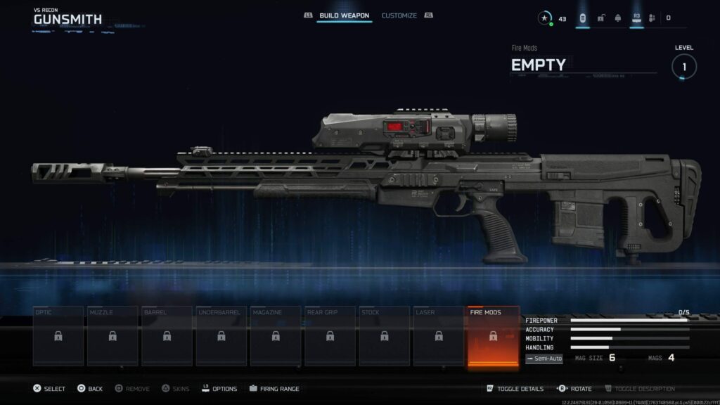 A detailed gunsmith screen showing a customizable recon rifle in a video game
