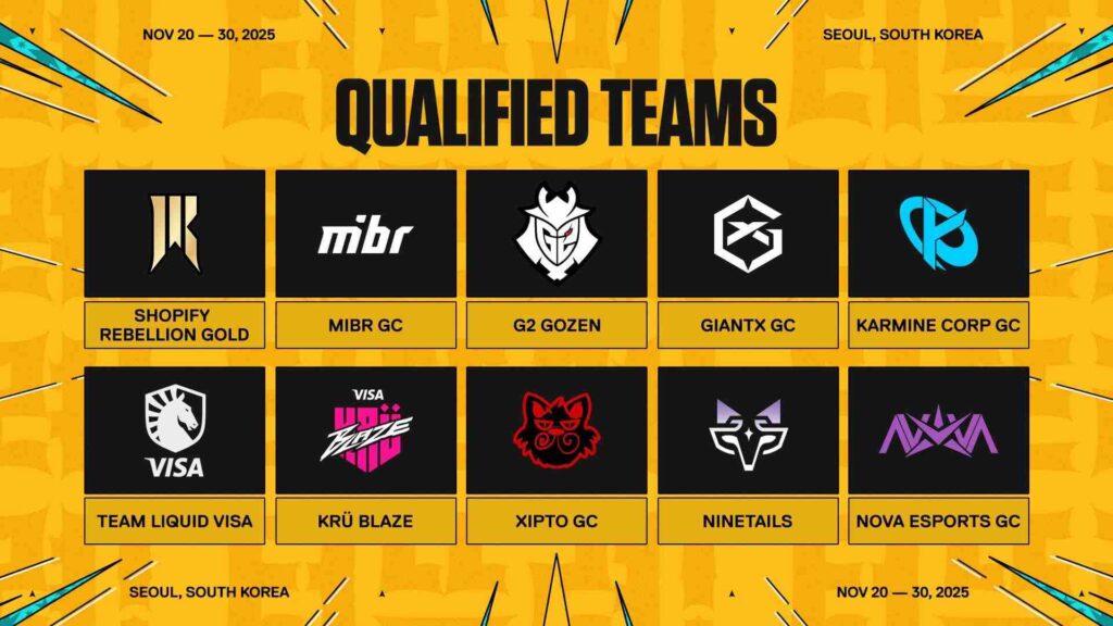 List of qualified teams for VALORANT Game Changers Championship 2025 including Shopify Rebellion, G2 Gozen, Team Liquid, MIBR, and more.