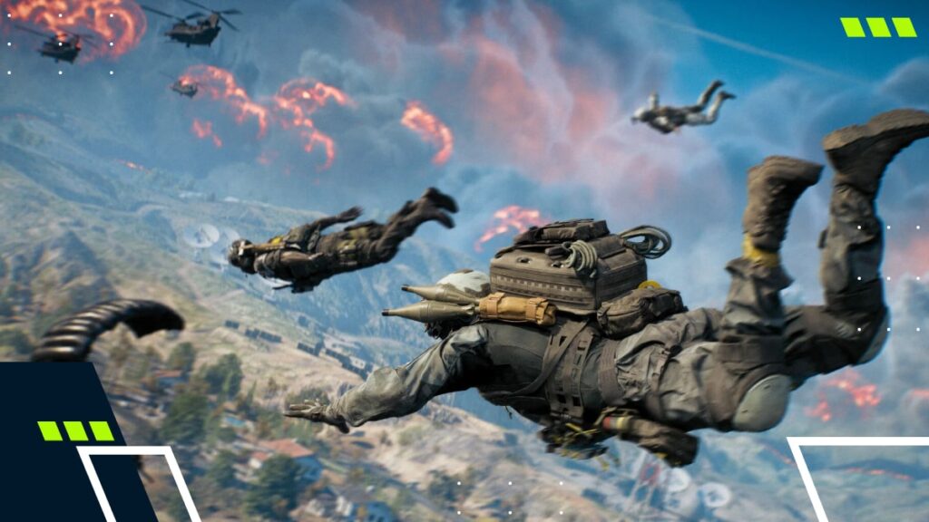 Soldiers skydive into a fiery battlefield with helicopters and explosions in the background in Battlefield REDSEC.