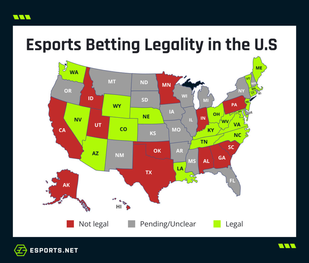A color-coded U.S. map showing which states allow, ban, or have unclear laws on esports betting