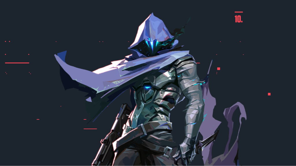 A mysterious VALORANT agent in a hooded cloak stands with glowing blue accents. The dark background highlights the sharp armor and flowing cape