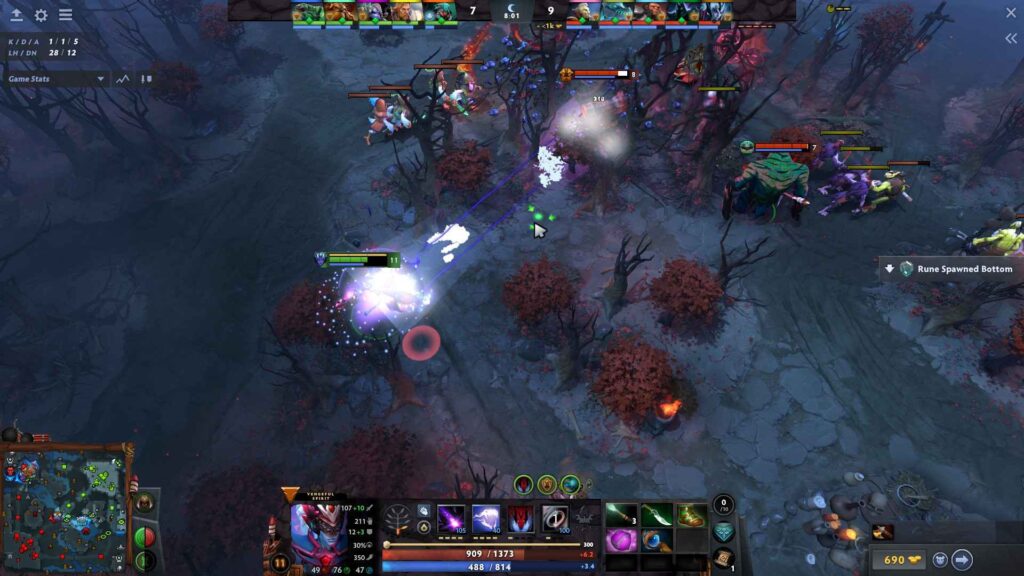Vengeful Spirit launching Magic Missile in Dota 2 Turbo mode, leading her team’s attack in the Radiant jungle.