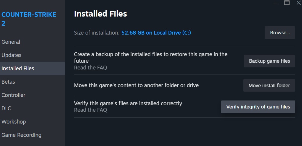 Steam’s Installed Files tab for Counter-Strike 2 showing options to back up, move, or verify the integrity of game files, with installation size listed as 52.68 GB on the local drive