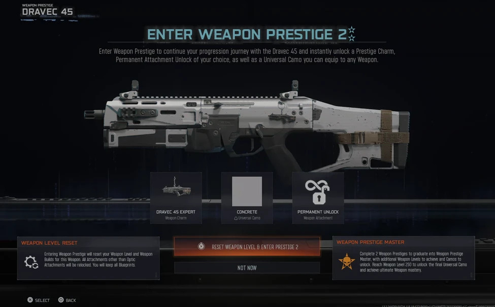 The Dravec 45 upgrade screen showing Weapon Prestige 2 options in Call of Duty: Black Ops 7