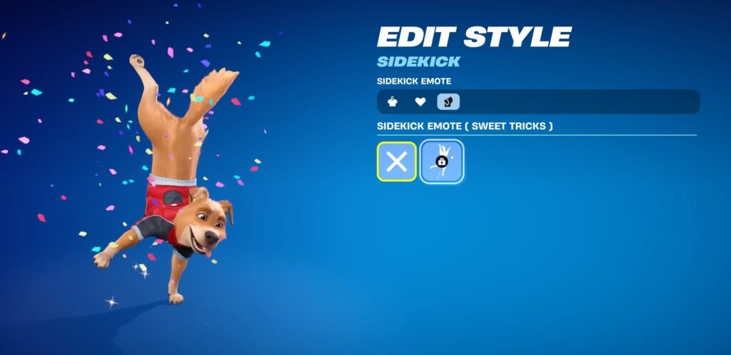 Fortnite edit style screen showing a Sidekick dog performing the “Sweet Tricks” emote surrounded by confetti.