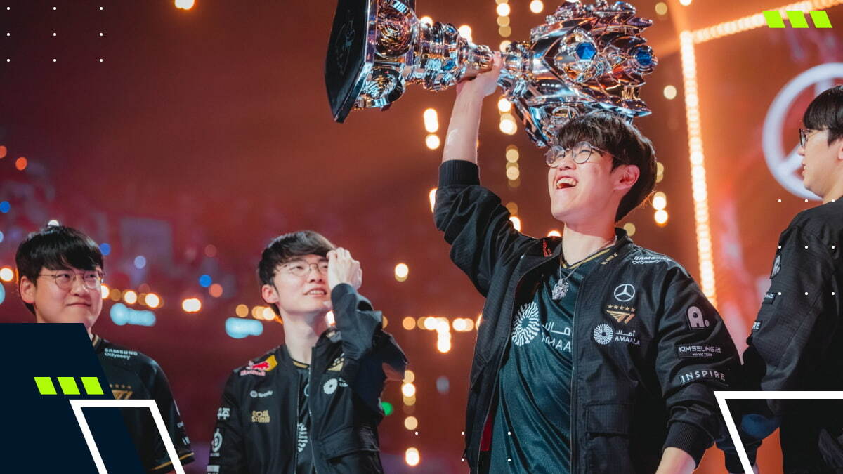 T1 celebrates their League of Legends Worlds 2025 championship win, lifting the Summoner’s Cup on stage