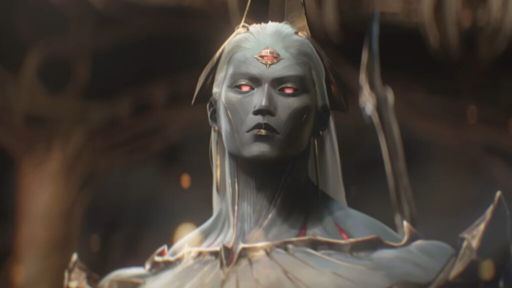 A close-up of Zaahen’s face with glowing eyes in League of Legends