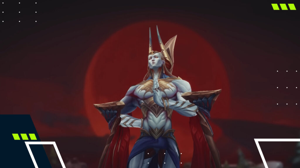 Zaahen stands before a red sky in League of Legends