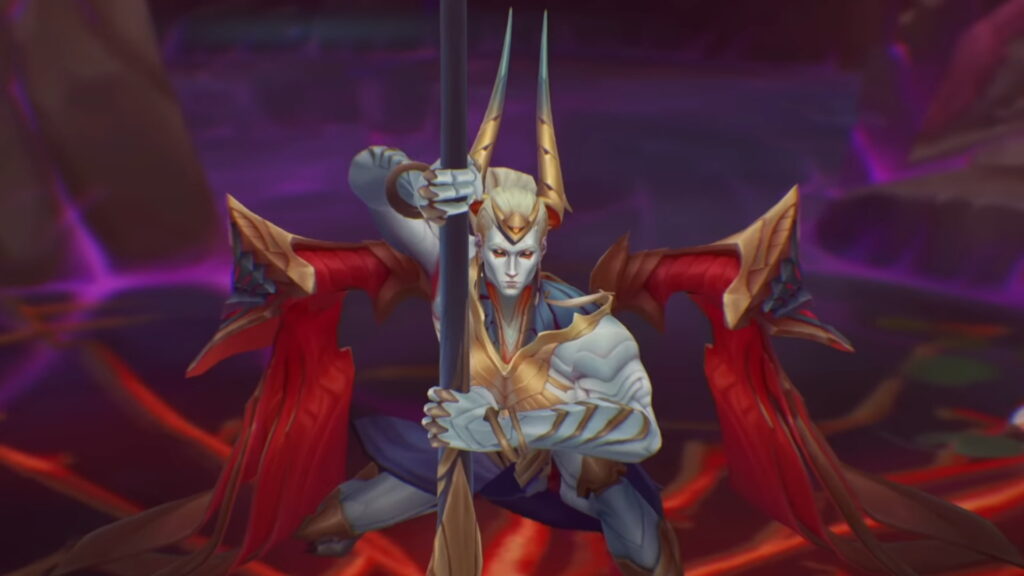 Zaahen crouches with his weapon ready in a League of Legends scene