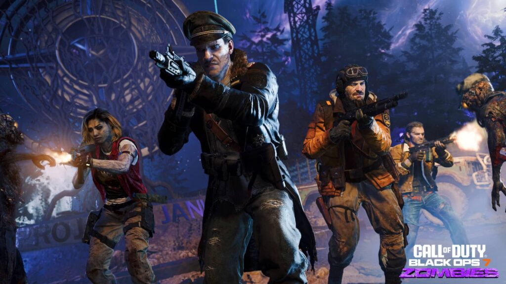 Survivors battling the undead in a chaotic Call of Duty: Black Ops 7 Zombies scene