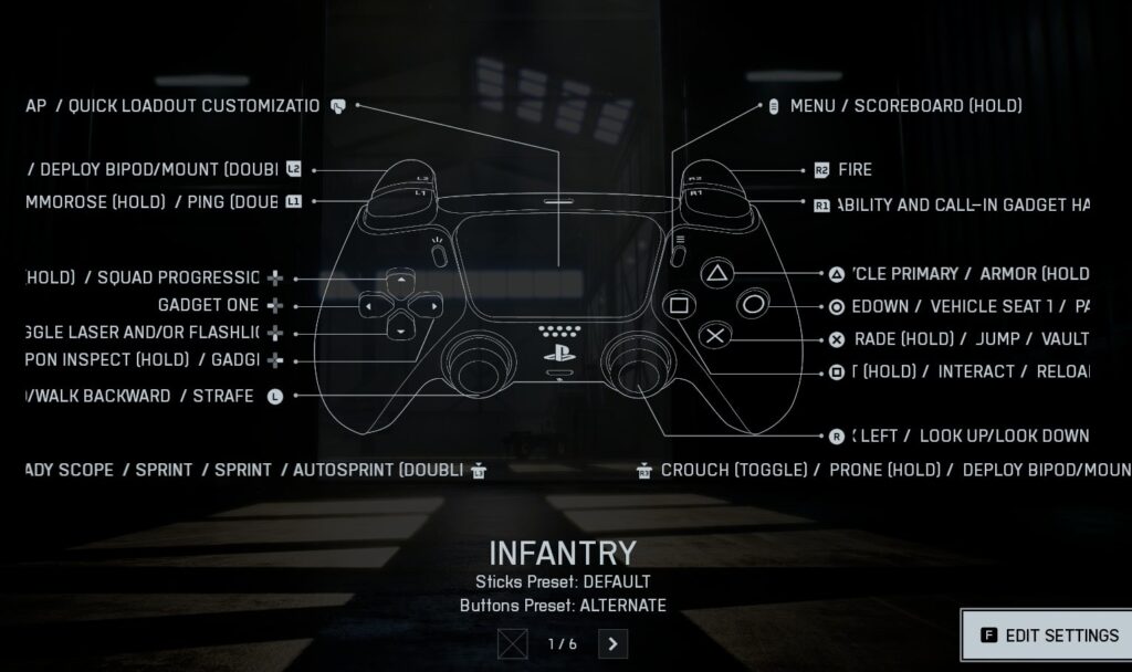 Battlefield REDSEC infantry controller layout showing a PlayStation-style gamepad with labeled buttons for firing, aiming, sprinting, crouching, gadgets, and loadout customization.