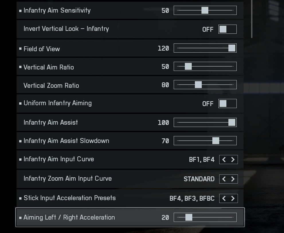Battlefield REDSEC controller settings menu showing infantry aim sensitivity, field of view, aim assist options, input curves, and aiming acceleration sliders