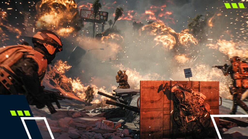 Armed soldiers take cover behind debris during a massive explosion in Battlefield REDSEC, with flames and smoke filling the destroyed urban environment