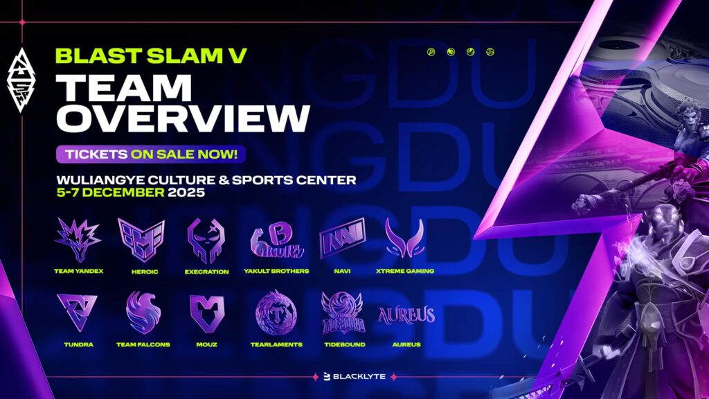 A promotional banner for BLAST Slam V showcasing the event dates, venue, and logos of participating esports teams