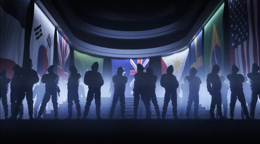 Esports Nations Cup image of player silhouettes in front of large flag banners