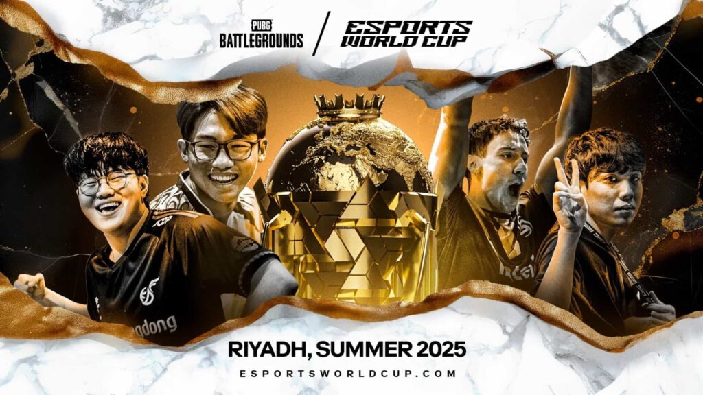 Promotional graphic for the Esports World Cup 2025 featuring PUBG players posing around a large golden trophy with text announcing Riyadh as the summer 2025 host