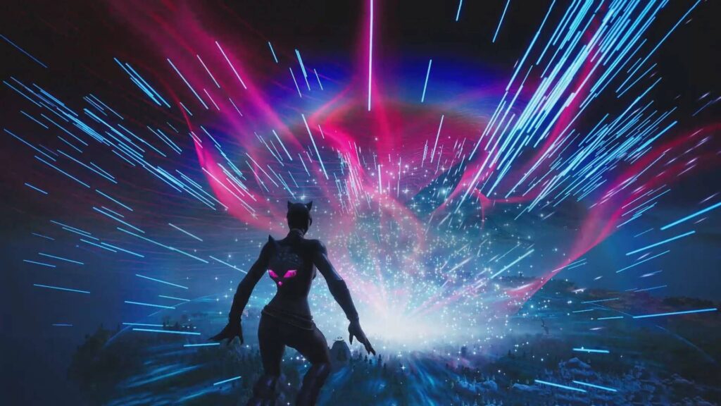 Fortnite Chapter 7 scene showing a character gliding toward a massive glowing rift as blue and pink energy streaks burst across the sky