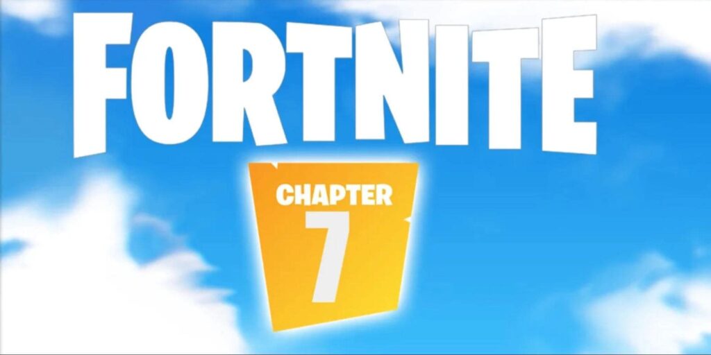 Fortnite Chapter 7 logo on a bright blue sky background with white clouds