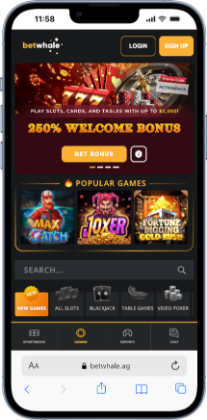 BetWhale homescreen featuring a bonus offer, popular games, search bar and log in section - a top $20 minimum deposit casino