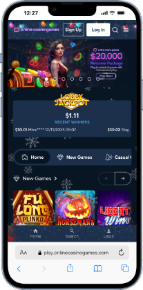 Online Casino Games homepage featuring bonus promo and game lobby - a great $20 minimum deposit casino