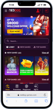 Red Dog Casino homescreen featuring an $8000 bonus offer, games lobby and top games.