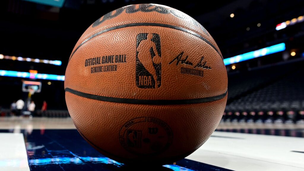 Close-up of NBA ball on court