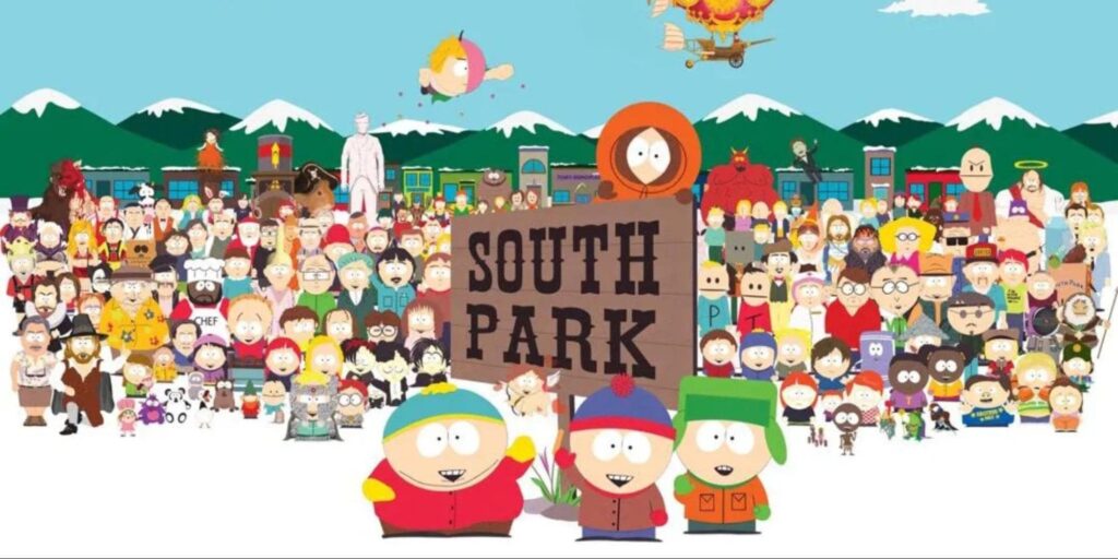 A large group of South Park characters gathered in front of the town sign with snowy mountains in the background
