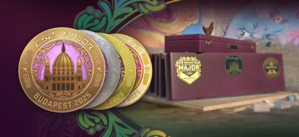 Commemorative coins and event cases featuring the StarLadder Budapest Major 2025 design with the city’s landmark artwork
